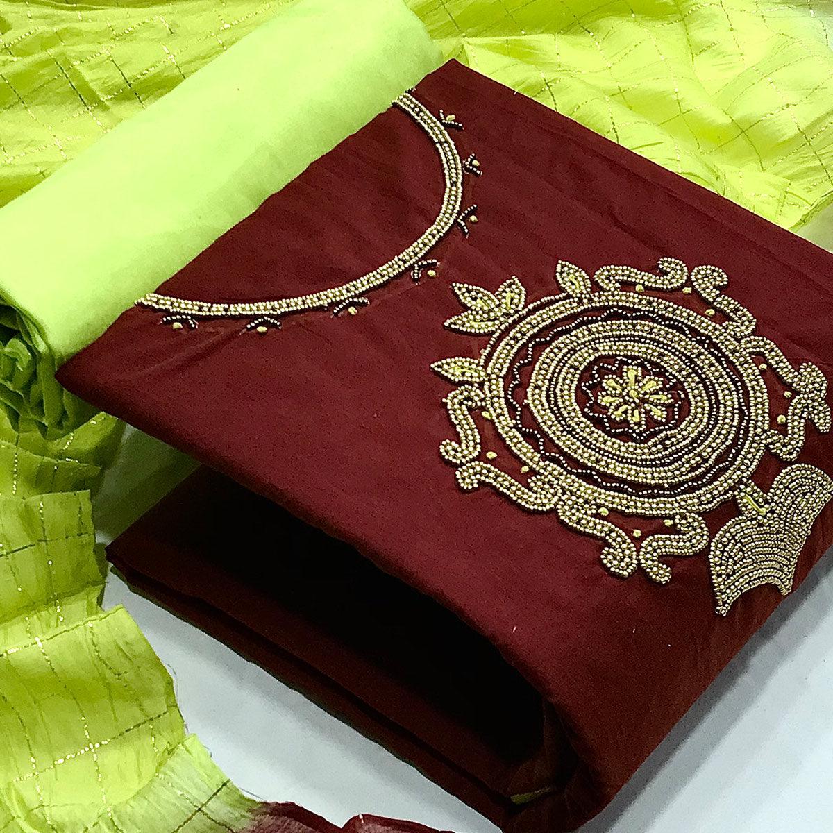 Maroon Casual Wear Floral embellished Handwork Chanderi Dress Material