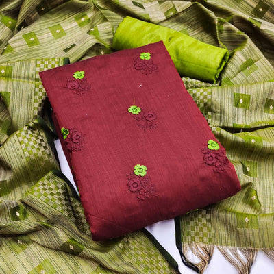Maroon Casual Wear Floral Embroidered Chanderi Dress Material