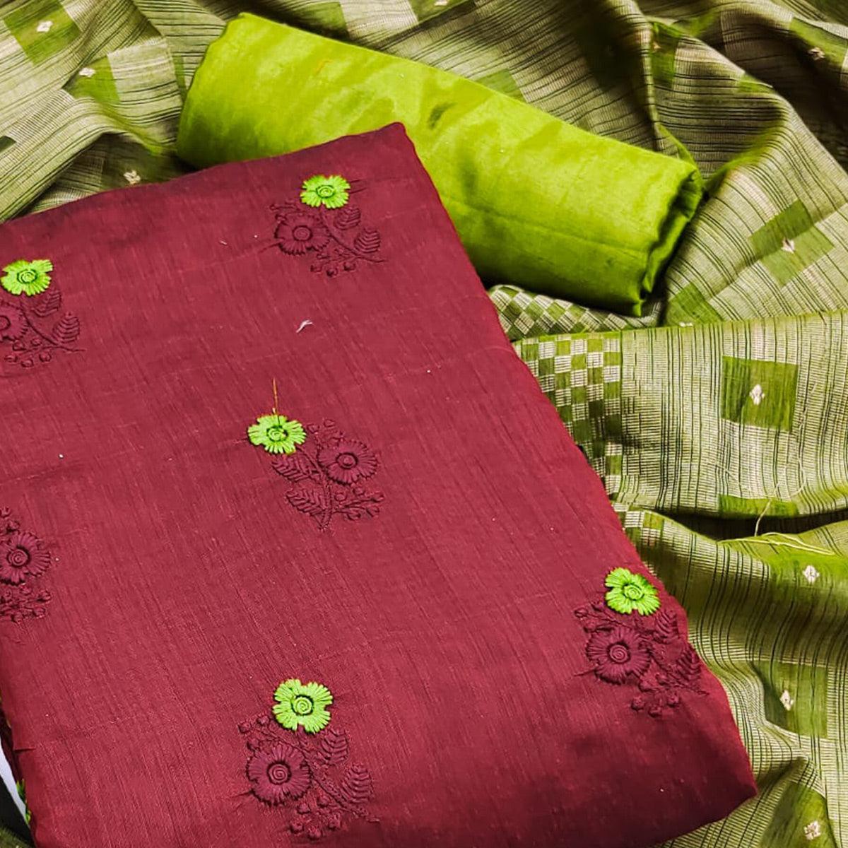 Maroon Casual Wear Floral Embroidered Chanderi Dress Material
