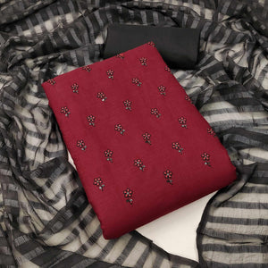 Maroon Casual Wear Floral Embroidered Cotton Dress Material