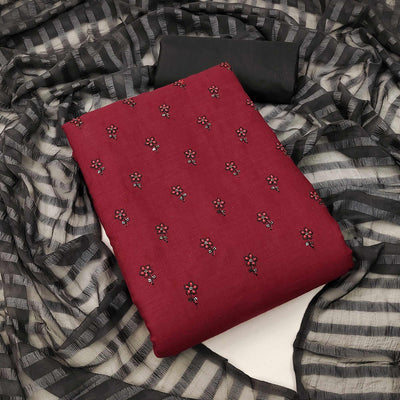 Maroon Casual Wear Floral Embroidered Cotton Dress Material