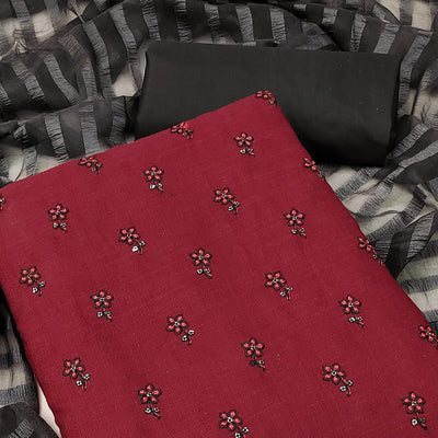 Maroon Casual Wear Floral Embroidered Cotton Dress Material