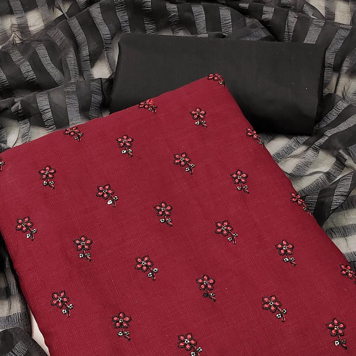 Maroon Casual Wear Floral Embroidered Cotton Dress Material