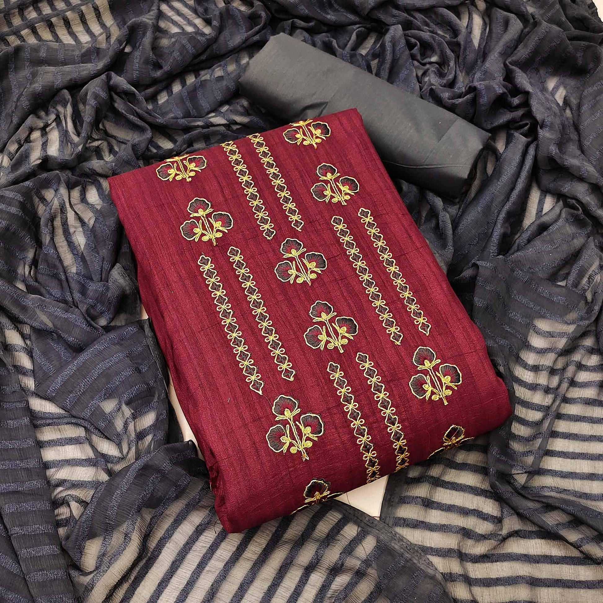Maroon Casual Wear Floral Embroidered Cotton Silk Dress Material