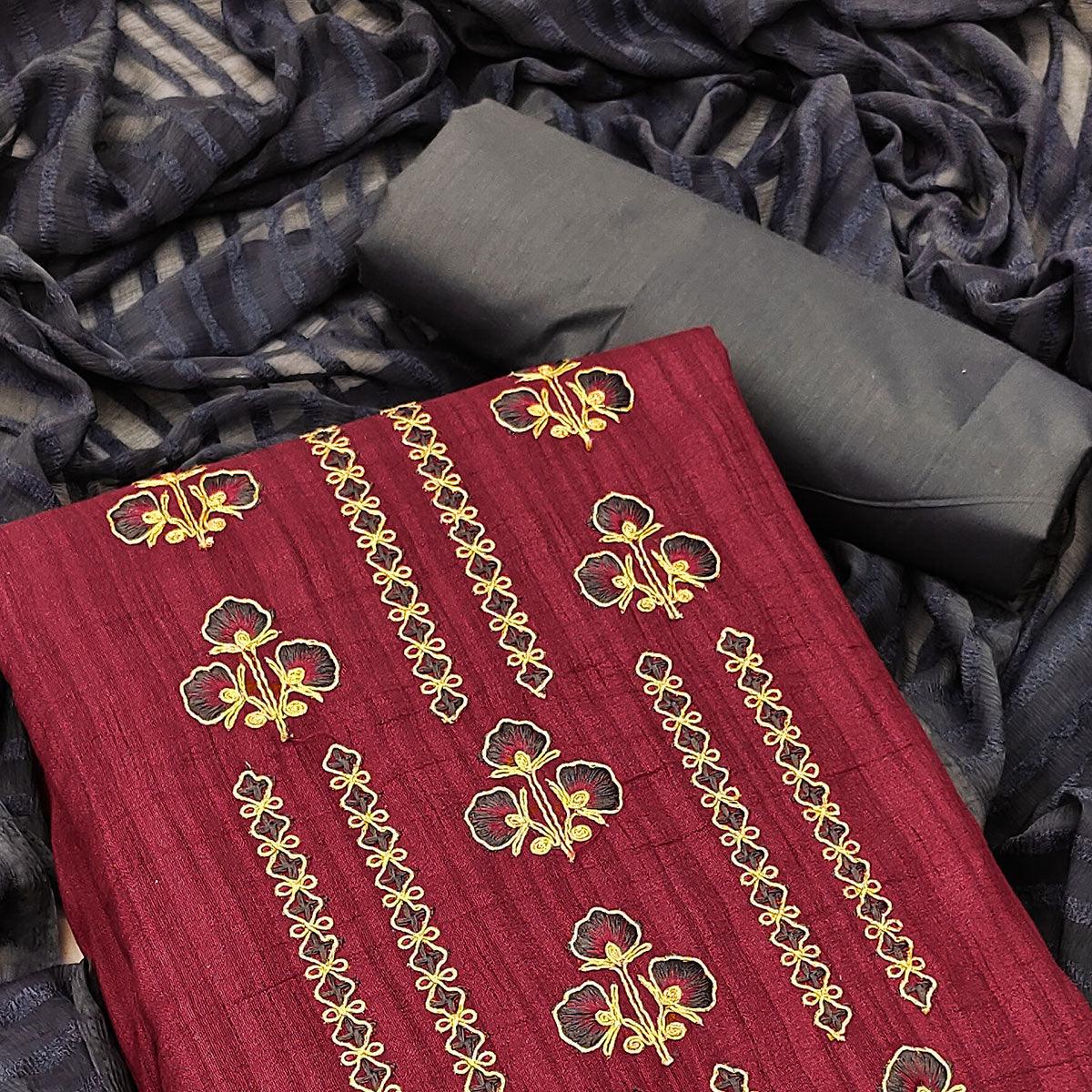 Maroon Casual Wear Floral Embroidered Cotton Silk Dress Material