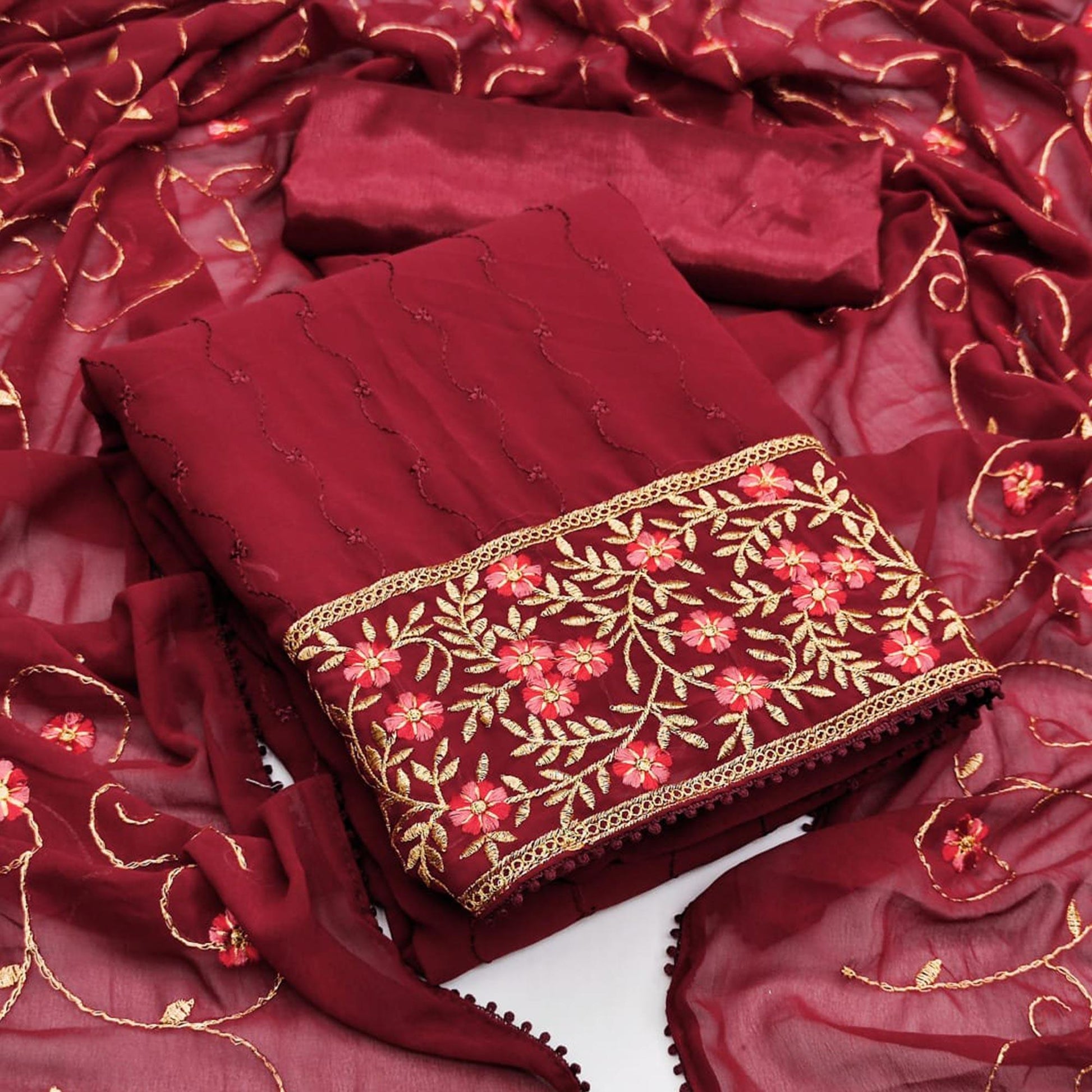 Maroon Casual Wear Floral Embroidered Georgette Dress Material