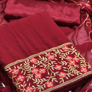 Maroon Casual Wear Floral Embroidered Georgette Dress Material