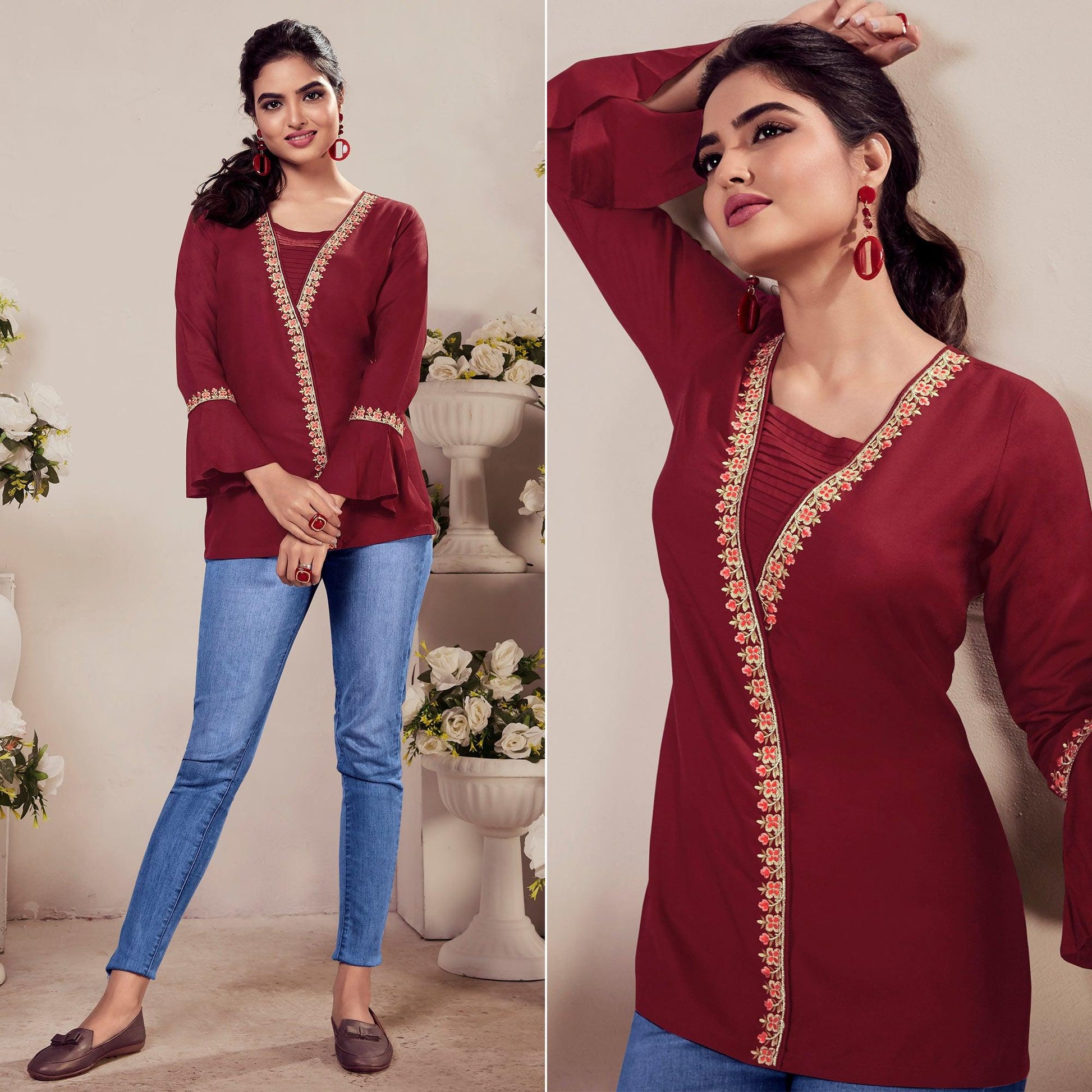 Maroon Casual Wear Floral Embroidered Rayon Top
