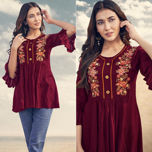Maroon Casual Wear Floral Embroidered Rayon Top
