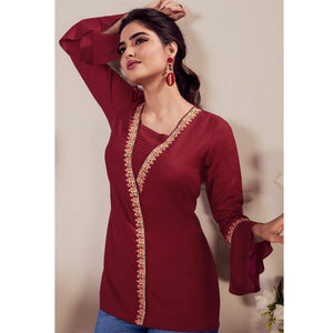 Maroon Casual Wear Floral Embroidered Rayon Top