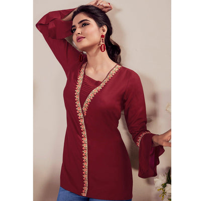 Maroon Casual Wear Floral Embroidered Rayon Top