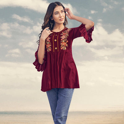 Maroon Casual Wear Floral Embroidered Rayon Top