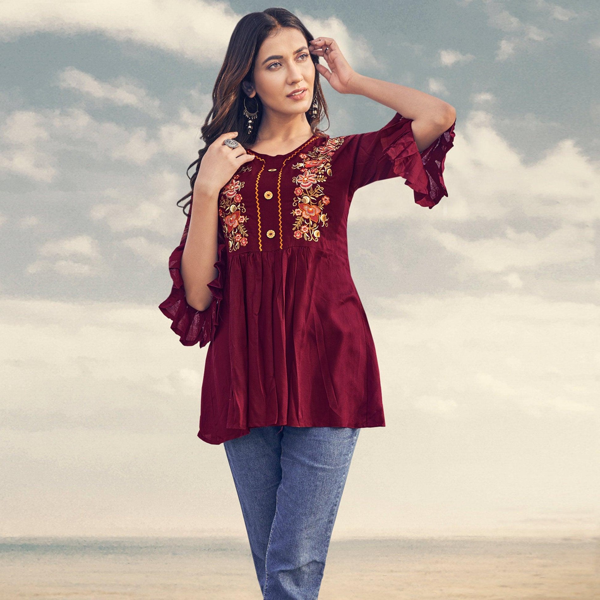 Maroon Casual Wear Floral Embroidered Rayon Top