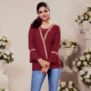 Maroon Casual Wear Floral Embroidered Rayon Top