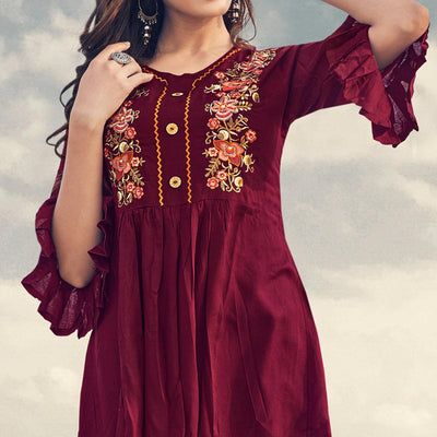 Maroon Casual Wear Floral Embroidered Rayon Top