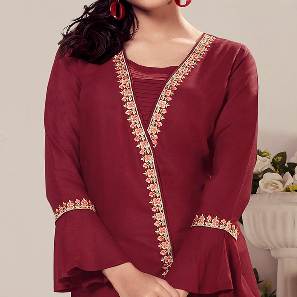 Maroon Casual Wear Floral Embroidered Rayon Top