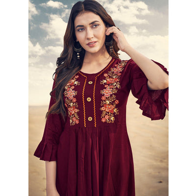 Maroon Casual Wear Floral Embroidered Rayon Top
