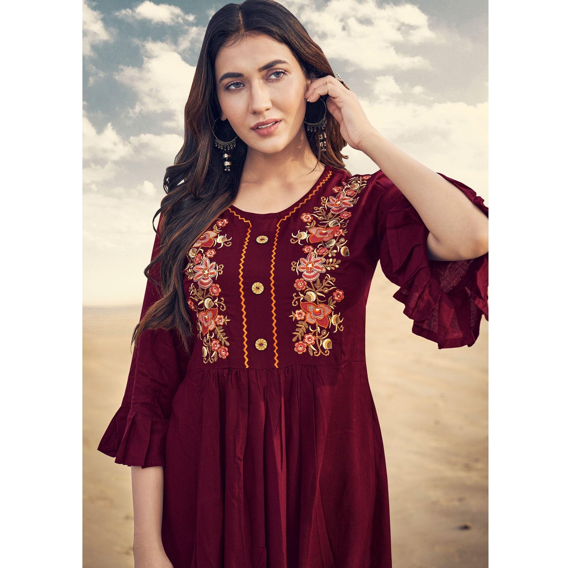 Maroon Casual Wear Floral Embroidered Rayon Top