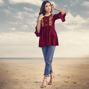 Maroon Casual Wear Floral Embroidered Rayon Top
