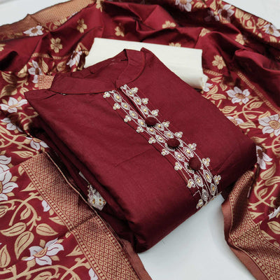 Maroon Casual Wear Floral Embroidery Cotton Dress Material