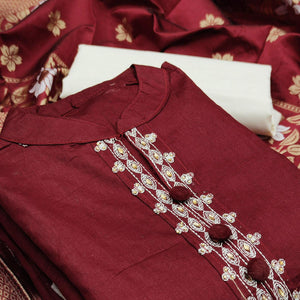 Maroon Casual Wear Floral Embroidery Cotton Dress Material