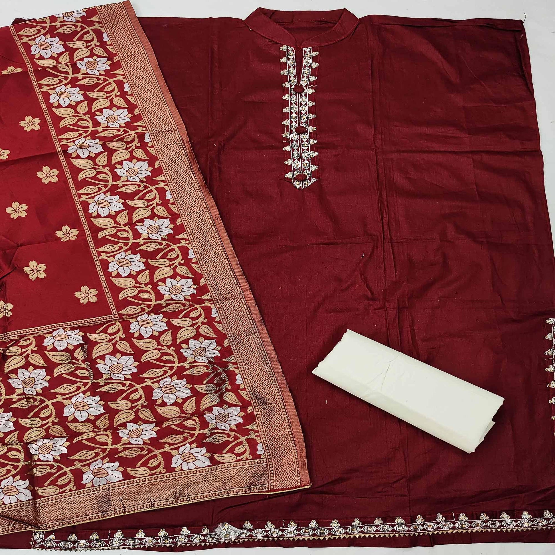 Maroon Casual Wear Floral Embroidery Cotton Dress Material