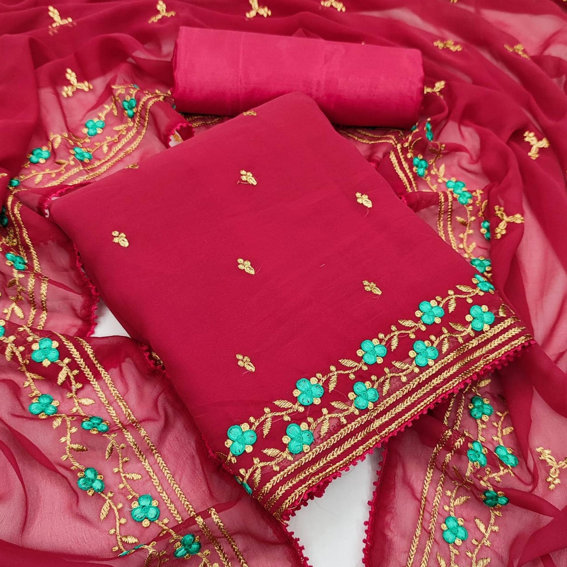 Maroon Casual Wear Floral Embroidery Work Georgette Dress Material