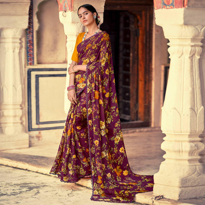 Maroon Casual Wear Floral Printed Alfino Saree With Fancy Diamond Lace
