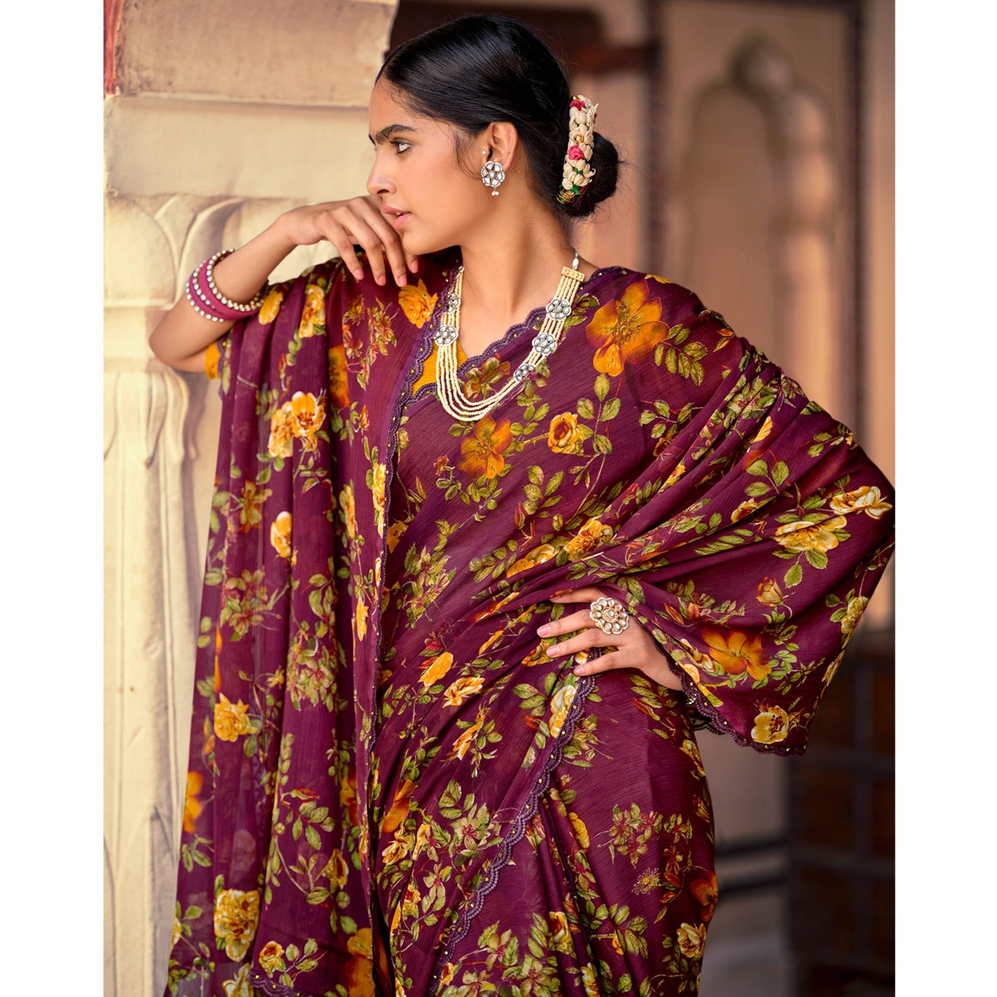 Maroon Casual Wear Floral Printed Alfino Saree With Fancy Diamond Lace