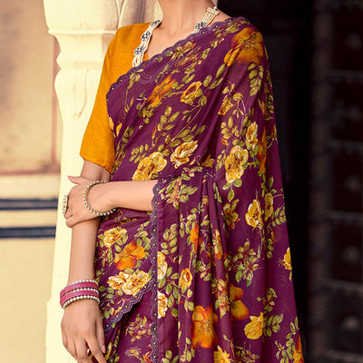 Maroon Casual Wear Floral Printed Alfino Saree With Fancy Diamond Lace
