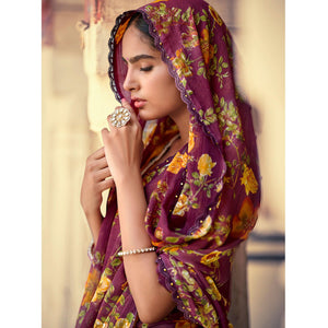 Maroon Casual Wear Floral Printed Alfino Saree With Fancy Diamond Lace
