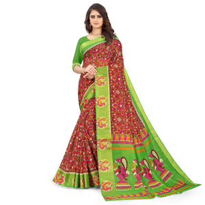 Maroon Casual Wear Floral Printed Cotton Linen Saree