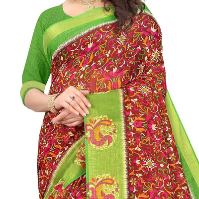 Maroon Casual Wear Floral Printed Cotton Linen Saree