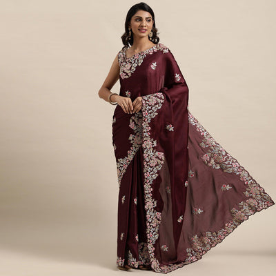 Maroon Casual Wear Floral Printed Silk Saree