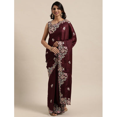 Maroon Casual Wear Floral Printed Silk Saree