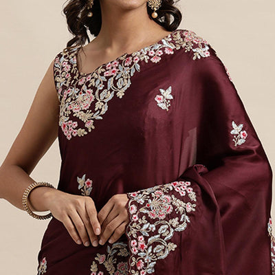 Maroon Casual Wear Floral Printed Silk Saree