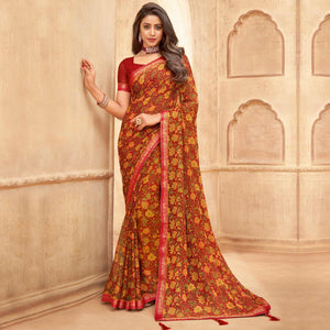 Maroon Casual Wear Floral Printed with Tassels Chiffon Saree