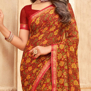 Maroon Casual Wear Floral Printed with Tassels Chiffon Saree