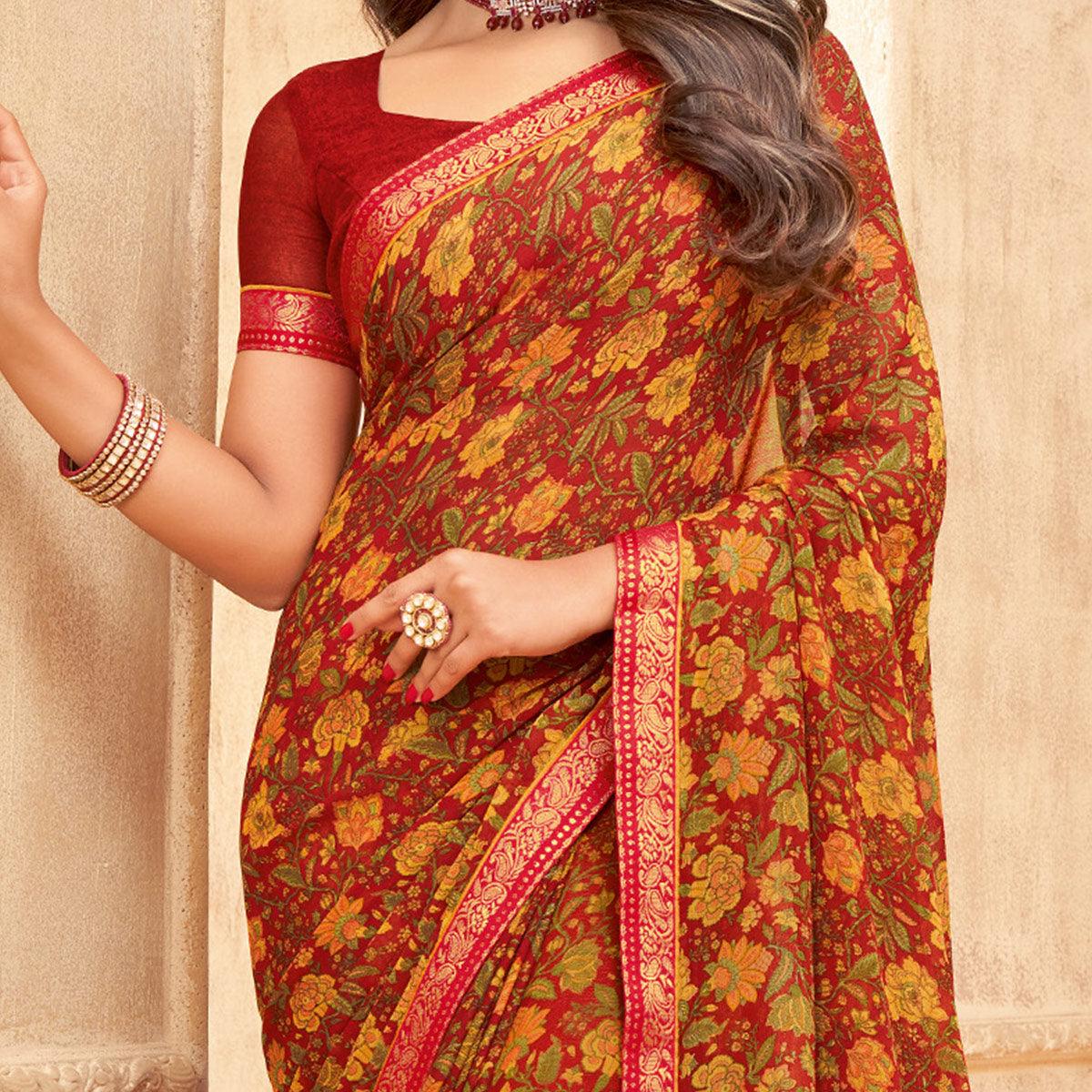Maroon Casual Wear Floral Printed with Tassels Chiffon Saree