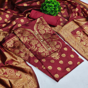 Maroon Casual Wear Floral Woven Banarasi Silk Dress Material