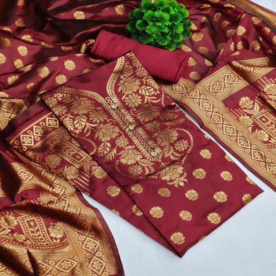 Maroon Casual Wear Floral Woven Banarasi Silk Dress Material