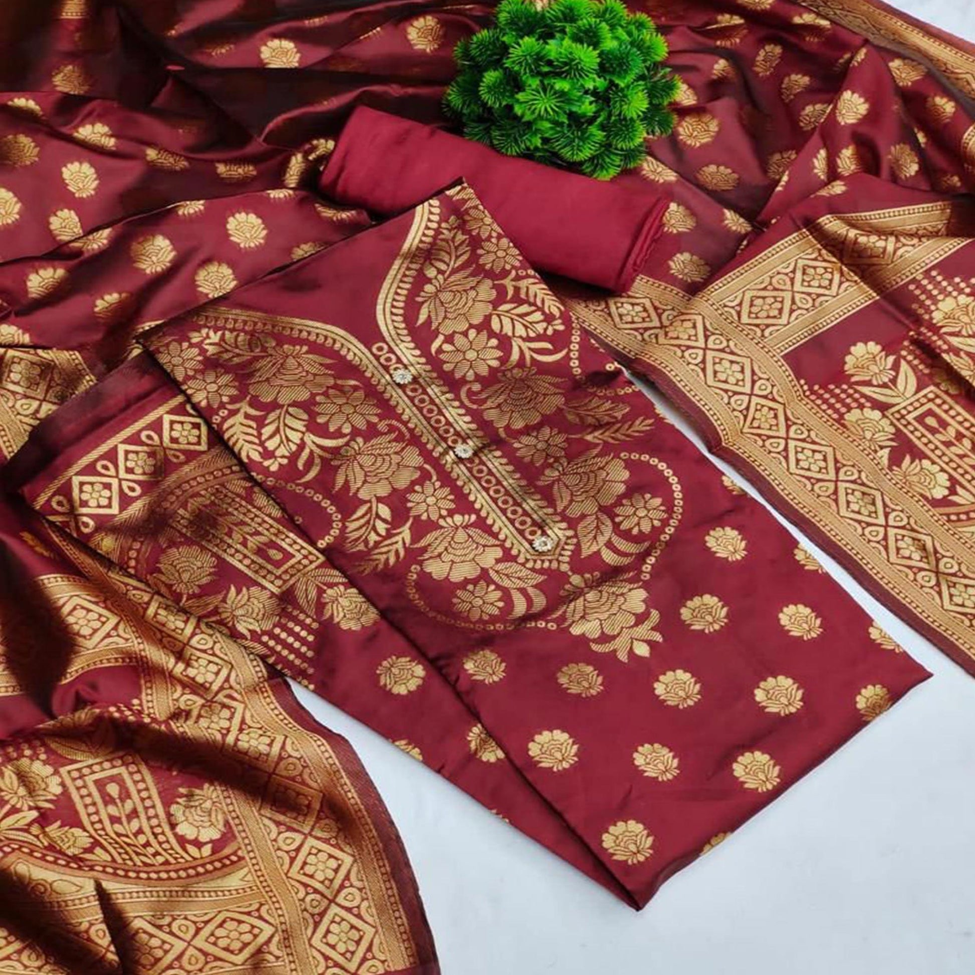 Maroon Casual Wear Floral Woven Banarasi Silk Dress Material