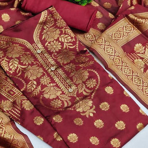 Maroon Casual Wear Floral Woven Banarasi Silk Dress Material