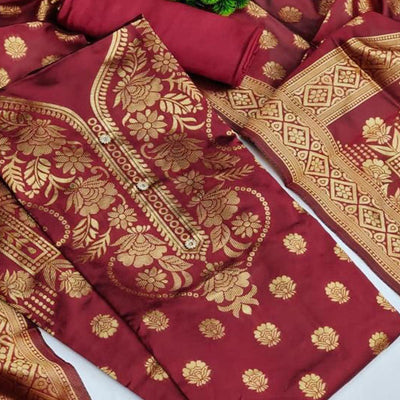 Maroon Casual Wear Floral Woven Banarasi Silk Dress Material