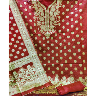 Maroon Casual Wear Floral Woven Banarasi Silk Dress Material