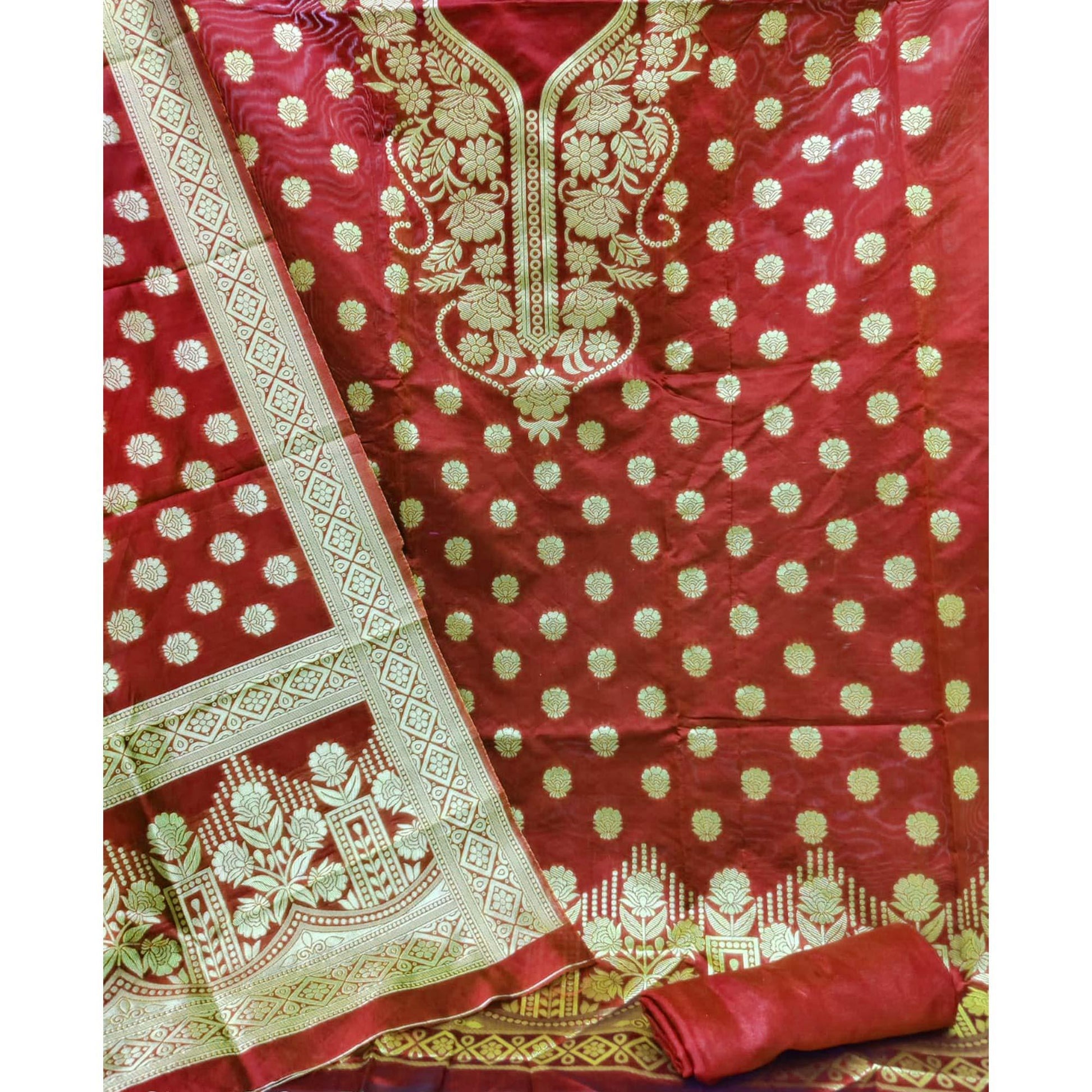 Maroon Casual Wear Floral Woven Banarasi Silk Dress Material