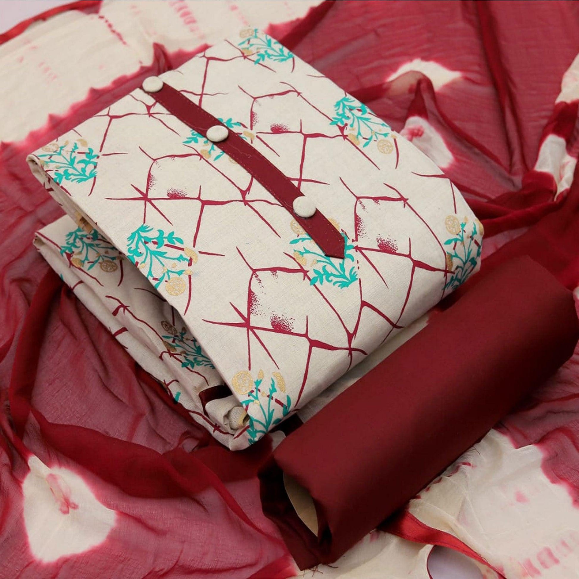 Maroon Casual Wear Foil Printed Jute Dress Material