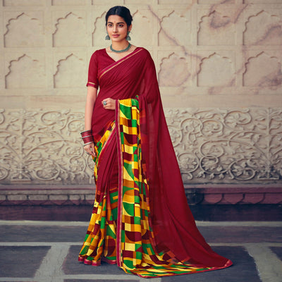 Maroon Casual Wear Geometric Printed Heavy Micro Saree