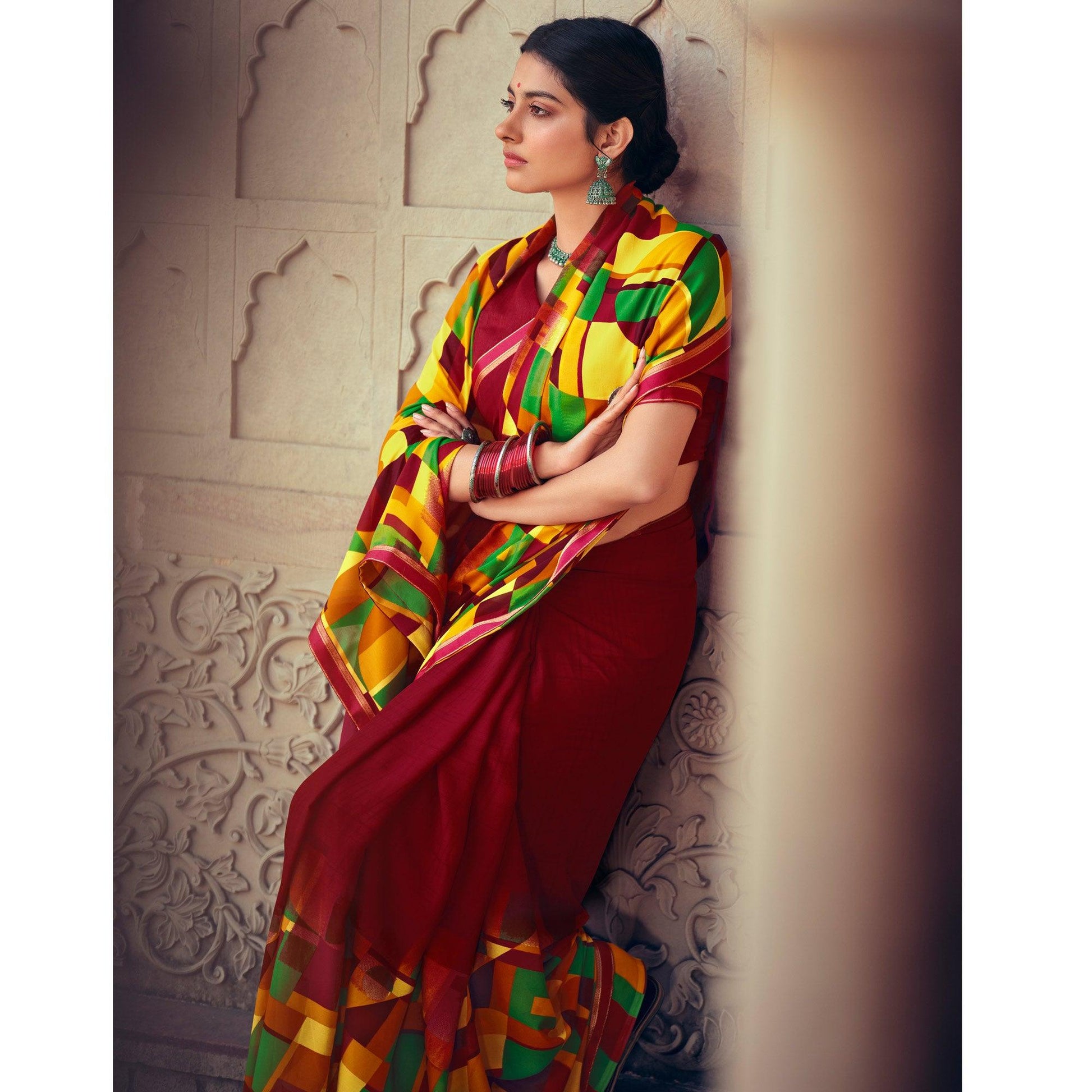 Maroon Casual Wear Geometric Printed Heavy Micro Saree