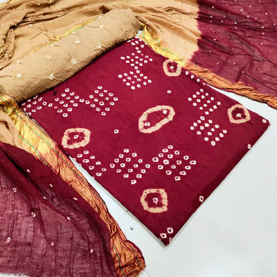 Maroon Casual Wear Hand Bandhej Cotton Dress Material